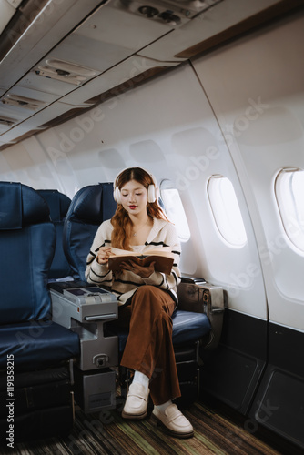 Passenger wearing headphones enjoying her flight reading a book while listening to music, sitting comfortably in her airplane seat during a long journey photo