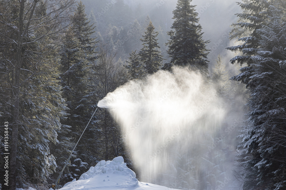 Snow making in a mountain resort. Beautiful view with snow cannons powered on to create snow from water and to keep the slopes available for tourists.