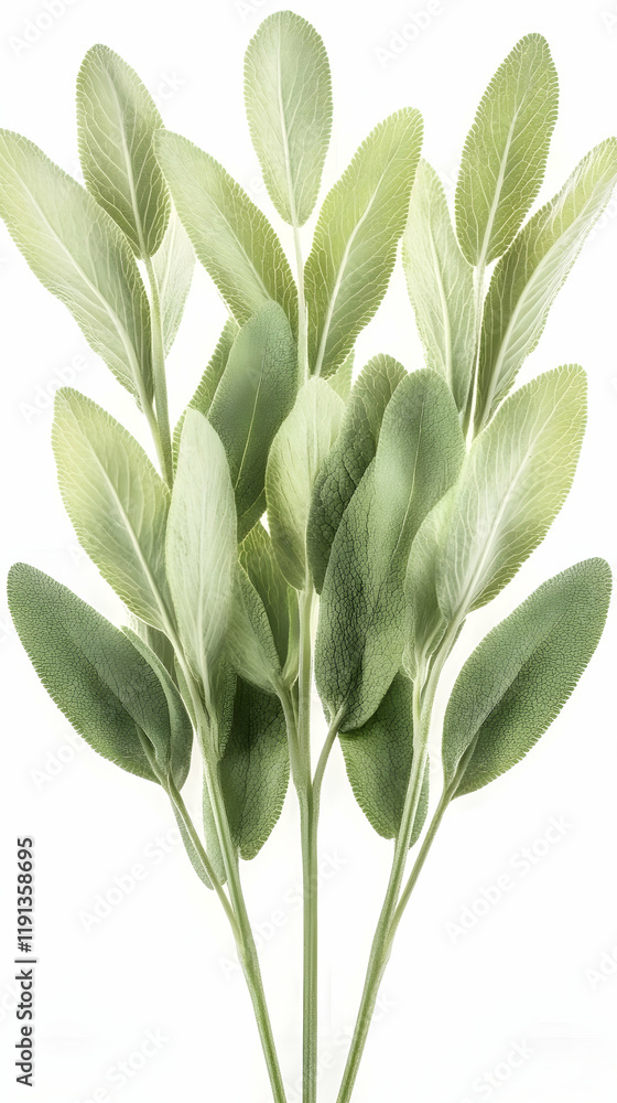Obraz premium Artificial sage sprig, green leaves, isolated white background, home decor, crafting