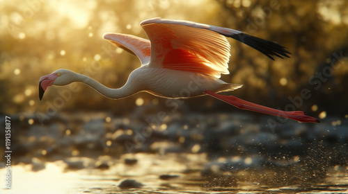 Graceful flamingo in flight captured during a golden sunset over water