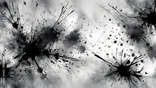 A monochromatic abstract design featuring black ink splatters on a textured gray background.