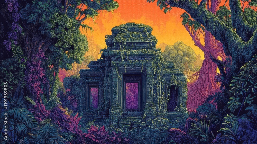 Fototapeta premium Ancient Temple Ruins Overgrown by Lush Tropical Jungle