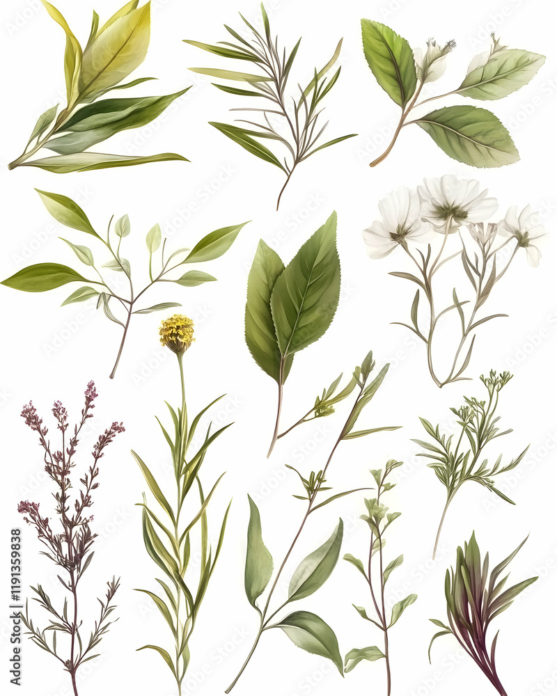 Fototapeta premium Botanical illustration of various herbs and flowers, isolated on white background, suitable for design projects
