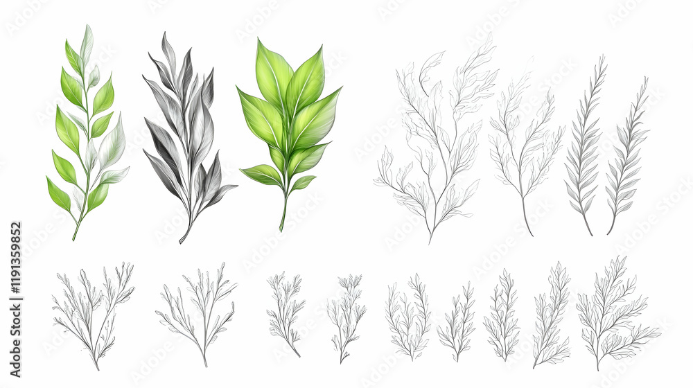 Botanical illustration Various green and grey leaves, branches, and sprigs on white background. Ideal for design projects, cards, and publications Botanical illustration Various green and grey leaves, branches, and sprigs on white background. Ideal for design projects, cards, and publications