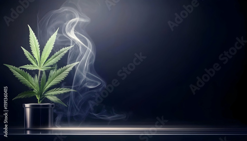 Cannabis plant in pot, smoke rising, dark background; medical marijuana, legalisation concept, website banner