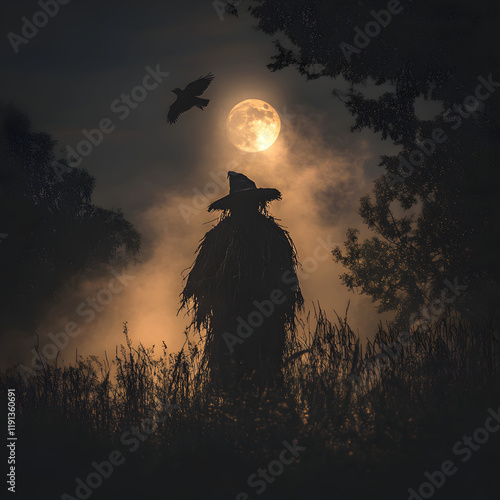 Silhouette of a scarecrow under a full moon in a misty field at night, a bird flying overhead.