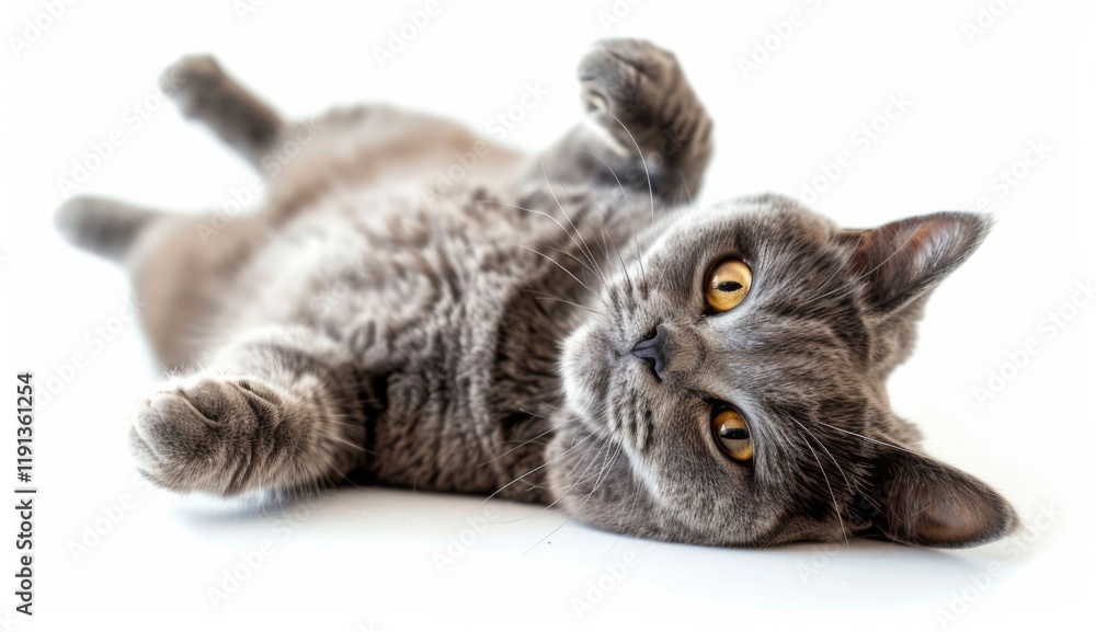 Fototapeta premium Playful grey british shorthair cat lying on topaz standard indoor setting close-up feline photography