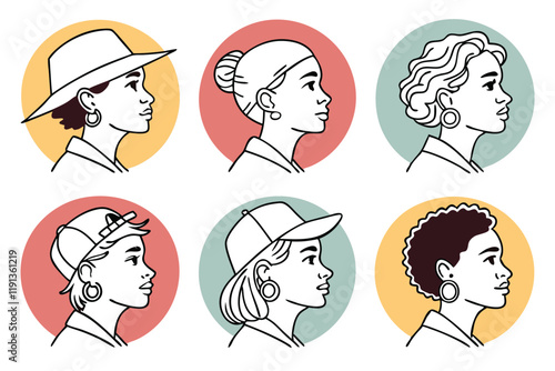 Minimalist avatar icons, diverse hairstyles, flat design, pastel color circles, simple face silhouettes, gender-neutral portraits, clean vector graphics, social media profile pictures, user interface 