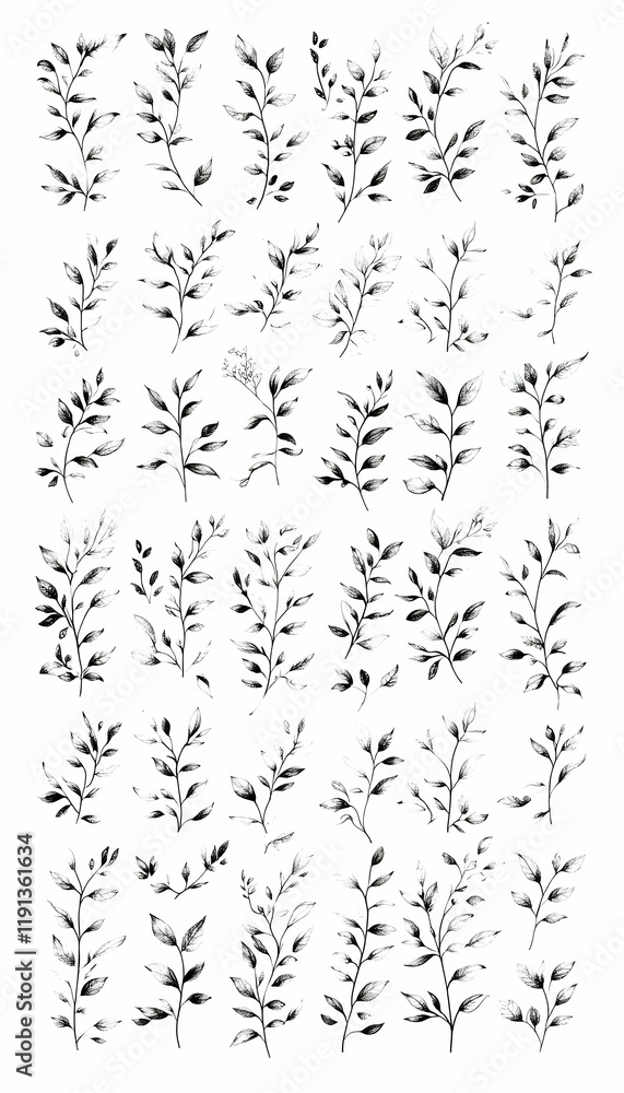 Collection of hand-drawn botanical illustrations leaves and twigs, perfect for design projects, against a white background Collection of hand-drawn botanical illustrations leaves and twigs, perfect for design projects, against a white background