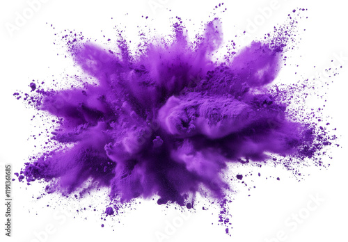 Bright purple powder burst explosion isolated on white and transparent background photo