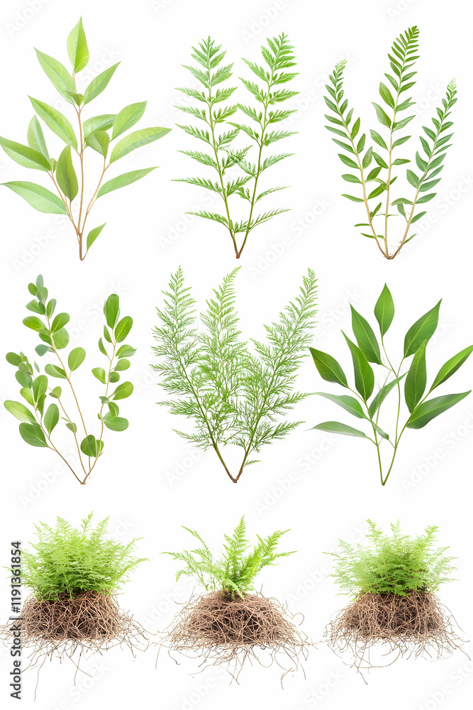 Naklejka premium Collection of various green plants, ferns, and grasses isolated on white background for botanical design or gardening website