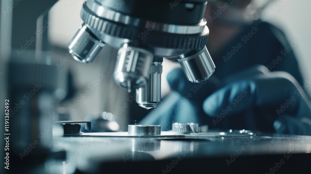 A close-up of a metallurgist examining alloy composition under a microscope in a materials laboratory, Alloy analysis scene, Scientific research style A close-up of a metallurgist examining alloy composition under a microscope in a materials laboratory, Alloy analysis scene, Scientific research style