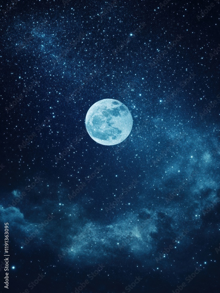 Fototapeta premium Starry night with bright full moon illuminating constellations and twinkling stars over the serene landscape. Generative AI
