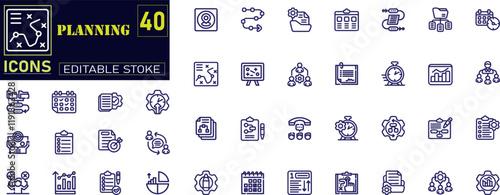 Action plan web icon set in line style. Strategy, plan, action, target, goal etc.