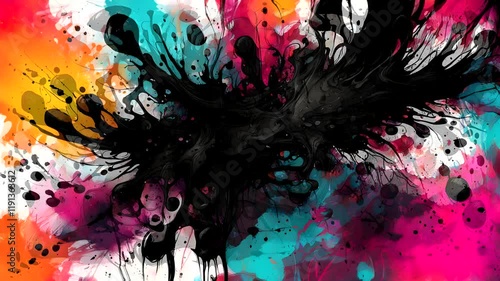 Abstract design featuring vibrant splashes of color and bold black ink-like shapes.