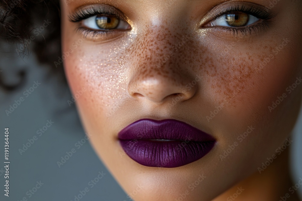 custom made wallpaper toronto digitalClose-up of a woman's face showcasing freckles, bold purple lipstick, and striking eyes with a soft focus background