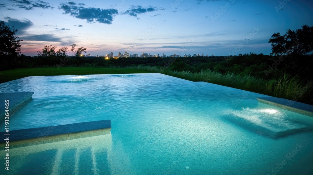 Serene Infinity Pool at Dusk Overlooking a City Skyline for Luxury Travel Promotions Serene Infinity Pool at Dusk Overlooking a City Skyline for Luxury Travel Promotions