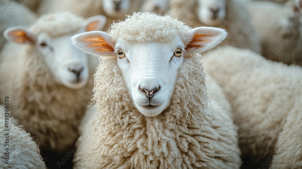 Close-up of a sheep's face with a fluffy white coat, surrounded by other sheep in a soft-focus background Close-up of a sheep's face with a fluffy white coat, surrounded by other sheep in a soft-focus background