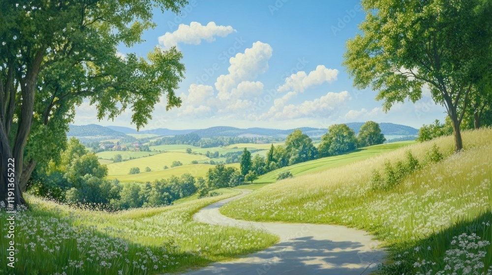 Sunny countryside road winding through green hills and meadows under a blue sky with fluffy clouds. Sunny countryside road winding through green hills and meadows under a blue sky with fluffy clouds.
