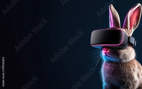 A virtual reality headset-wearing rabbit in a dark, colorful background, blending technology with a whimsical touch. photo