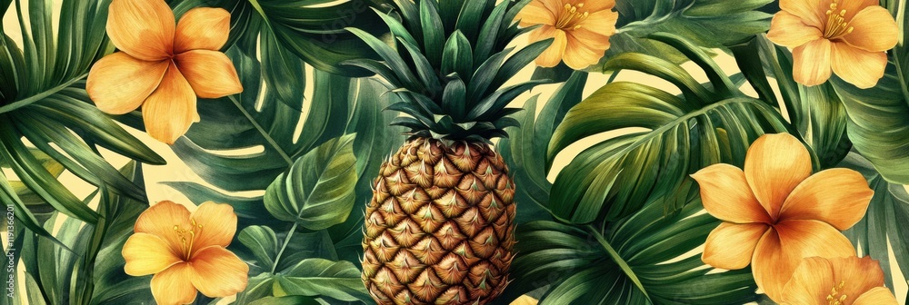 Fototapeta premium Tropical seamless pattern of vibrant pineapples and lush green leaves with bright flowers in a lively design. Generative AI