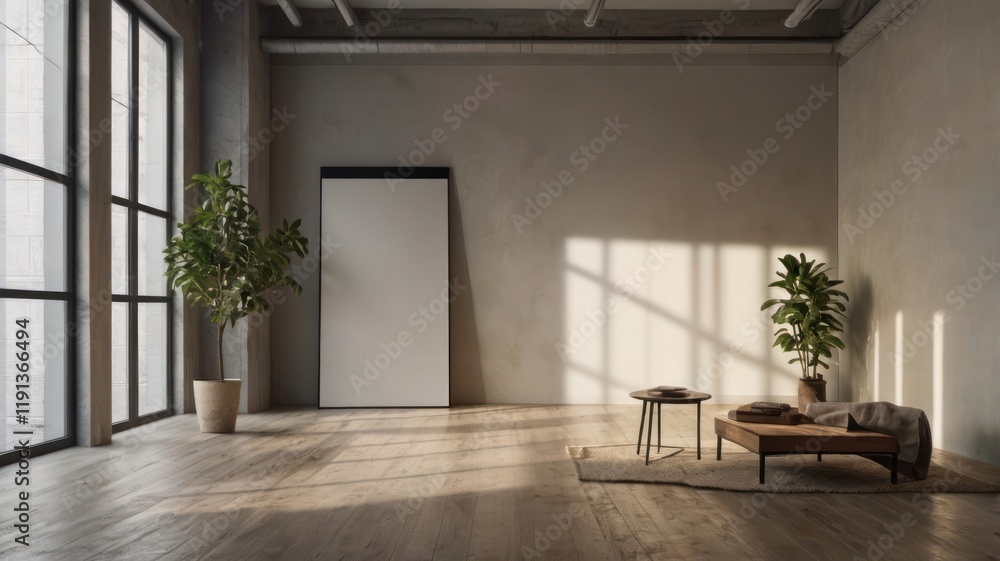 Fototapeta premium A modern living room with a window and floor, featuring an empty interior, open space, and contemporary design in a new apartment