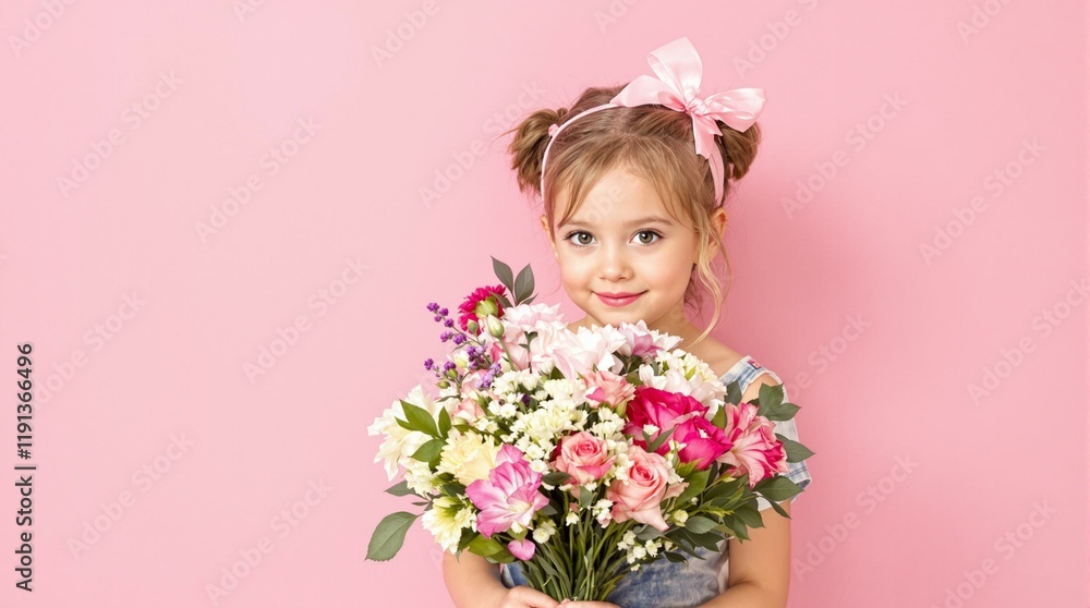 Cute Girl Holding Large Bouquet of Flowers against Pink Background, Portrait with Copy Space Cute Girl Holding Large Bouquet of Flowers against Pink Background, Portrait with Copy Space