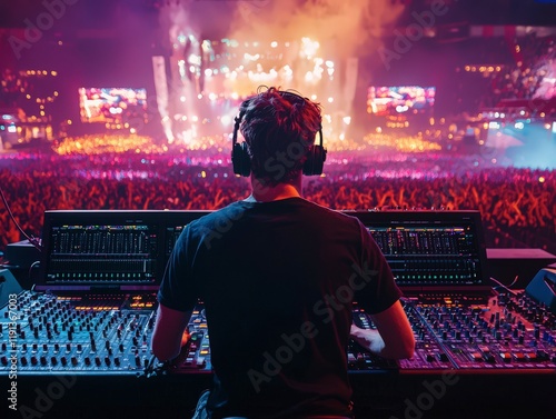 Sound engineer working at mixing panel on a big concert