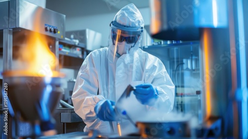 A close-up of a metallurgist in protective gear conducting metal alloy analysis in a metallurgical laboratory, surrounded by crucibles and industrial furnaces, Metallurgical lab scene