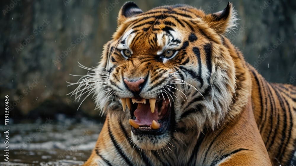 Naklejka premium Portrait of a majestic Bengal tiger, a powerful predator with striking stripes, gazing intently from its zoo enclosure