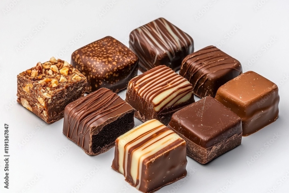 Assortment of delicious chocolates arranged in an appealing layout for showcasing after a confectionery event Assortment of delicious chocolates arranged in an appealing layout for showcasing after a confectionery event