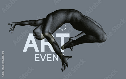 Art event invitation template. Gymnastics activities for icon health and fitness community. Design for sport. Jumping man is flying or falling in the air. 3D vector for brochure, poster, cover, flyer.