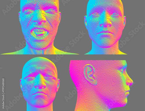 Abstract digital human head constructing from cubes. Furious screaming man. Closeup portrait of man with his eyes closed. Voxelized face. Technology and robotics concept. 3D vector illustration.