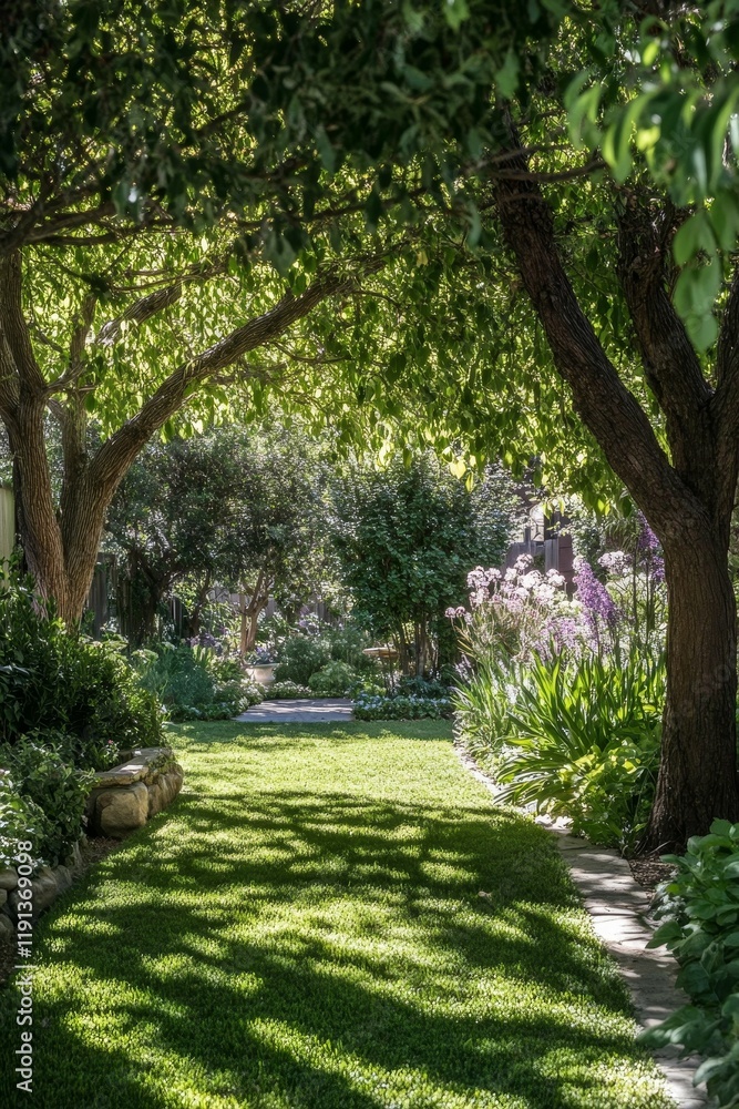 Sun-dappled lawn, lush greenery, stone path, garden. Sun-dappled lawn, lush greenery, stone path, garden.