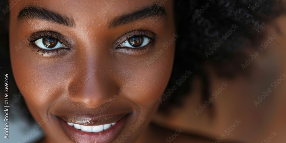Portrait of a joyful woman with skincare, cosmetics, or natural makeup. Closeup of a models face showcasing facial glow, dermatology, and afro hair Portrait of a joyful woman with skincare, cosmetics, or natural makeup. Closeup of a models face showcasing facial glow, dermatology, and afro hair