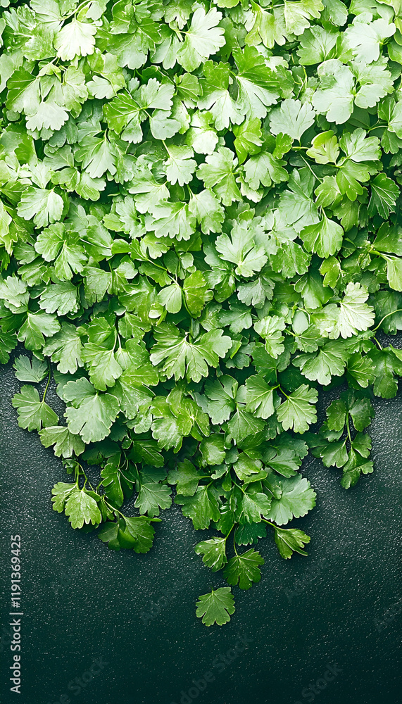 Fresh cilantro leaves on dark background, overhead shot, ideal for food blogs and recipe websites Fresh cilantro leaves on dark background, overhead shot, ideal for food blogs and recipe websites
