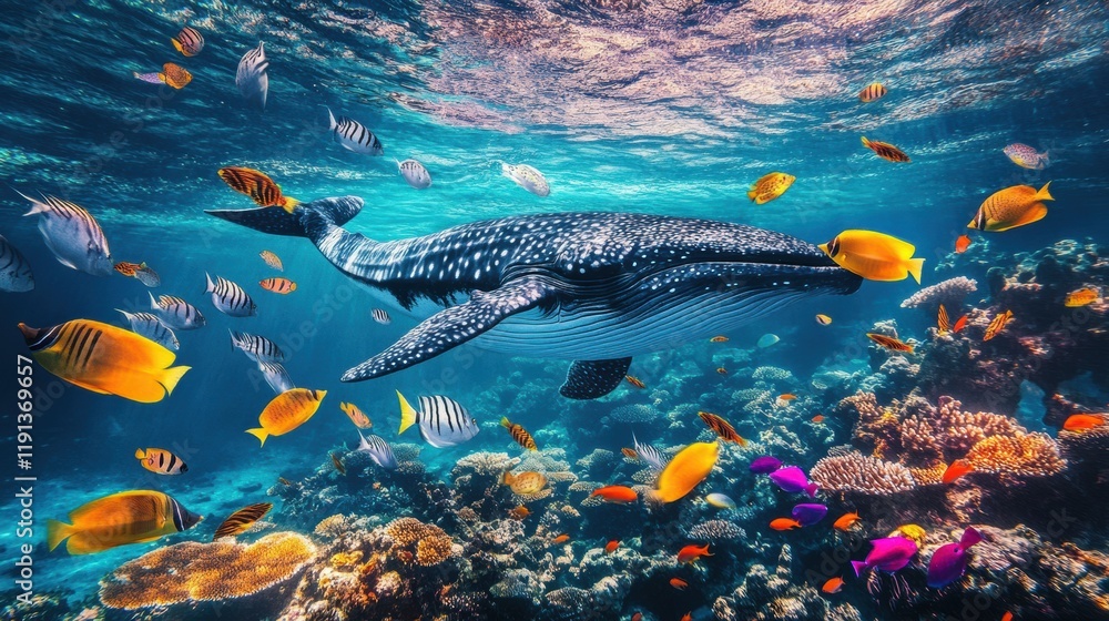 Fototapeta premium Whale gliding gracefully through vibrant school of fish in coral reef at midday. Generative AI
