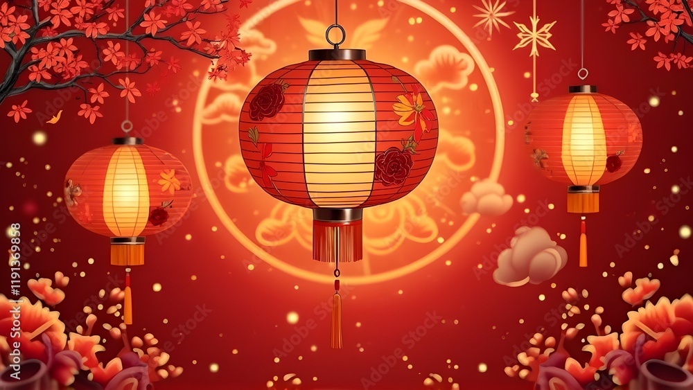 Traditional Chinese Lanterns for Festive Celebrations Amidst a Red Background Traditional Chinese Lanterns for Festive Celebrations Amidst a Red Background