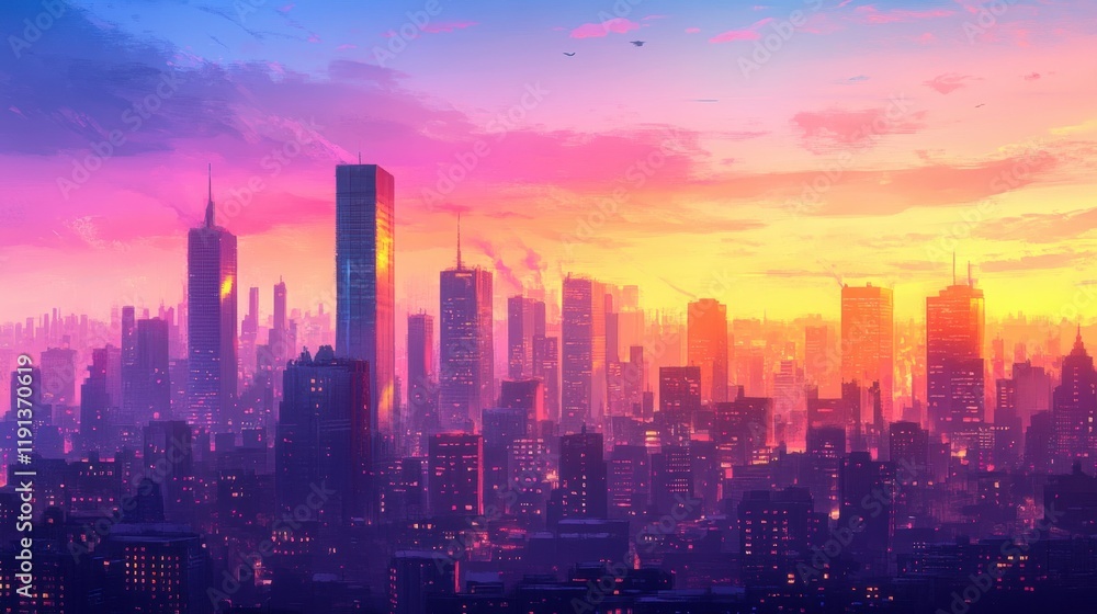 Fototapeta premium Vibrant Sunset Over Bustling City Skyline