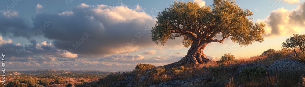 Solitary Oak Tree Silhouetted Against a Vibrant Sunset on a Rocky Hilltop Solitary Oak Tree Silhouetted Against a Vibrant Sunset on a Rocky Hilltop