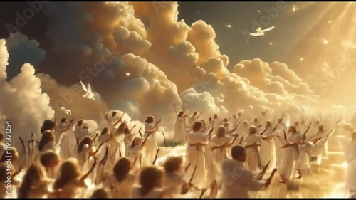 An animated background of angels worshiping God in heaven