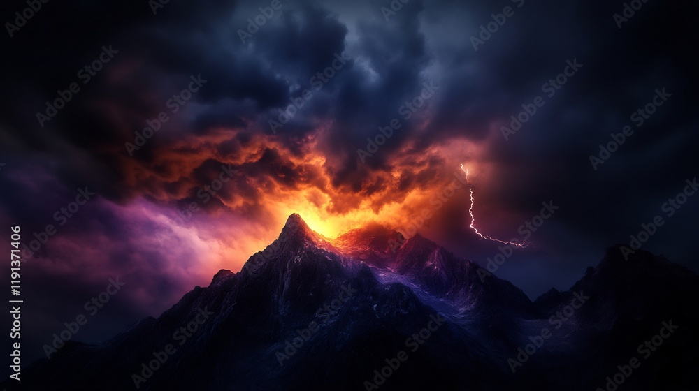 Fototapeta premium Fiery Mountaintop Storm: A Dramatic Landscape