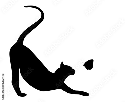 Cat, flying butterfly silhouettes isolated on white background. Outline playful cats stencils, side view. Contour drawn playing pets clip art. Joyful pursuit kitty shadow shape, vector design eps 10