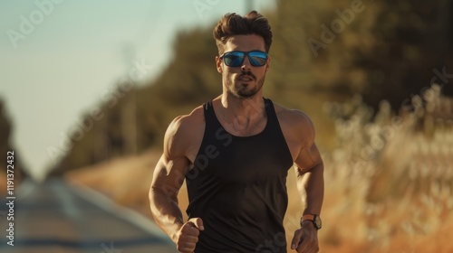 Outdoor cardio fitness for wellness and marathon training, featuring a man exercising in nature. Sports athlete running and enjoying a summer morning