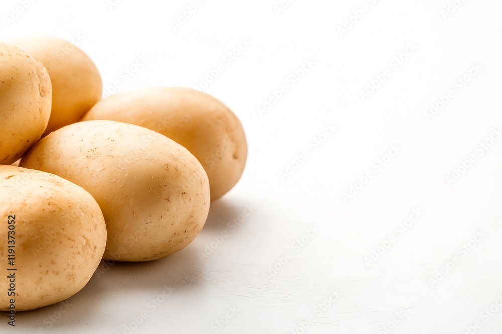 Group of Fresh Unpeeled Potatoes on White Surface Ready for Cooking : Generative AI Group of Fresh Unpeeled Potatoes on White Surface Ready for Cooking : Generative AI