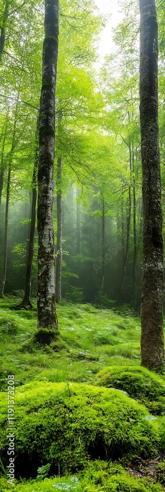 Fototapeta premium Tranquil Green Forest with Lush Foliage and Mossy Undergrowth : Generative AI