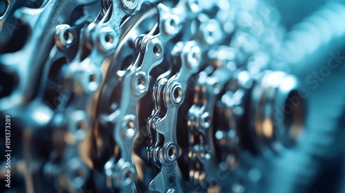 Close-up of a bicycle chain showcasing its metallic links and intricate design in a minimalistic style photo