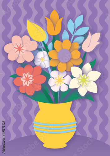 Vector image of a vase with flowers in pastel colors, designed in a paper-cutout style.