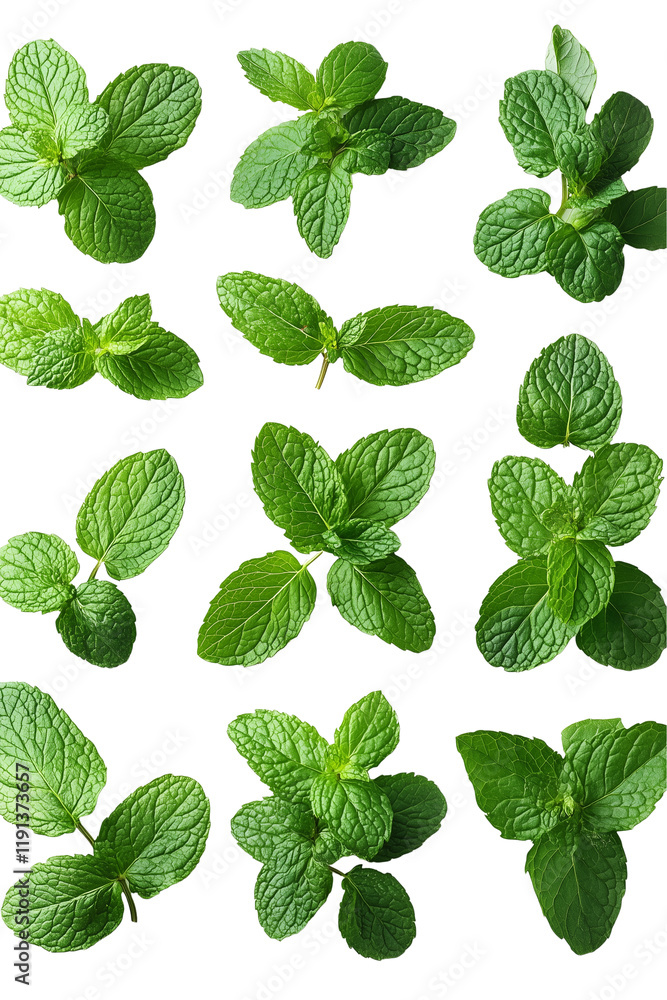 Collection of fresh green mint leaves isolated on white and transparent background Collection of fresh green mint leaves isolated on white and transparent background