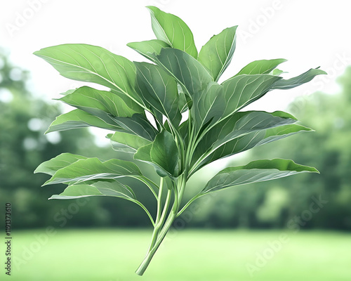 Fresh green leaves, vibrant plant, outdoor setting, blurred background, ideal for health, nature, and food concepts photo